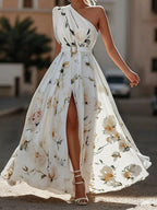 Green Dress Light Floral Ruched One Shoulder A-Line Maxi Romantic Flower Printed Dress Maxi Dress