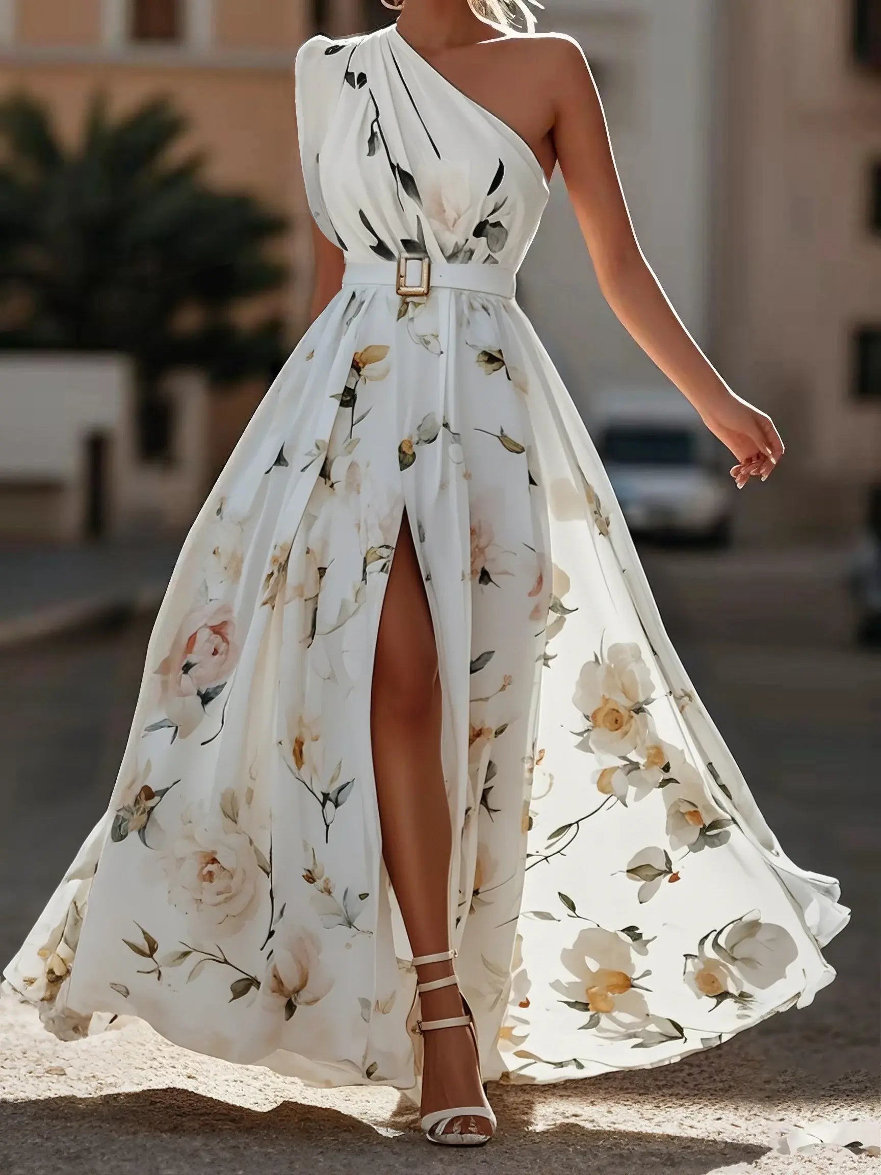 Green Dress Light Floral Ruched One Shoulder A-Line Maxi Romantic Flower Printed Dress Maxi Dress