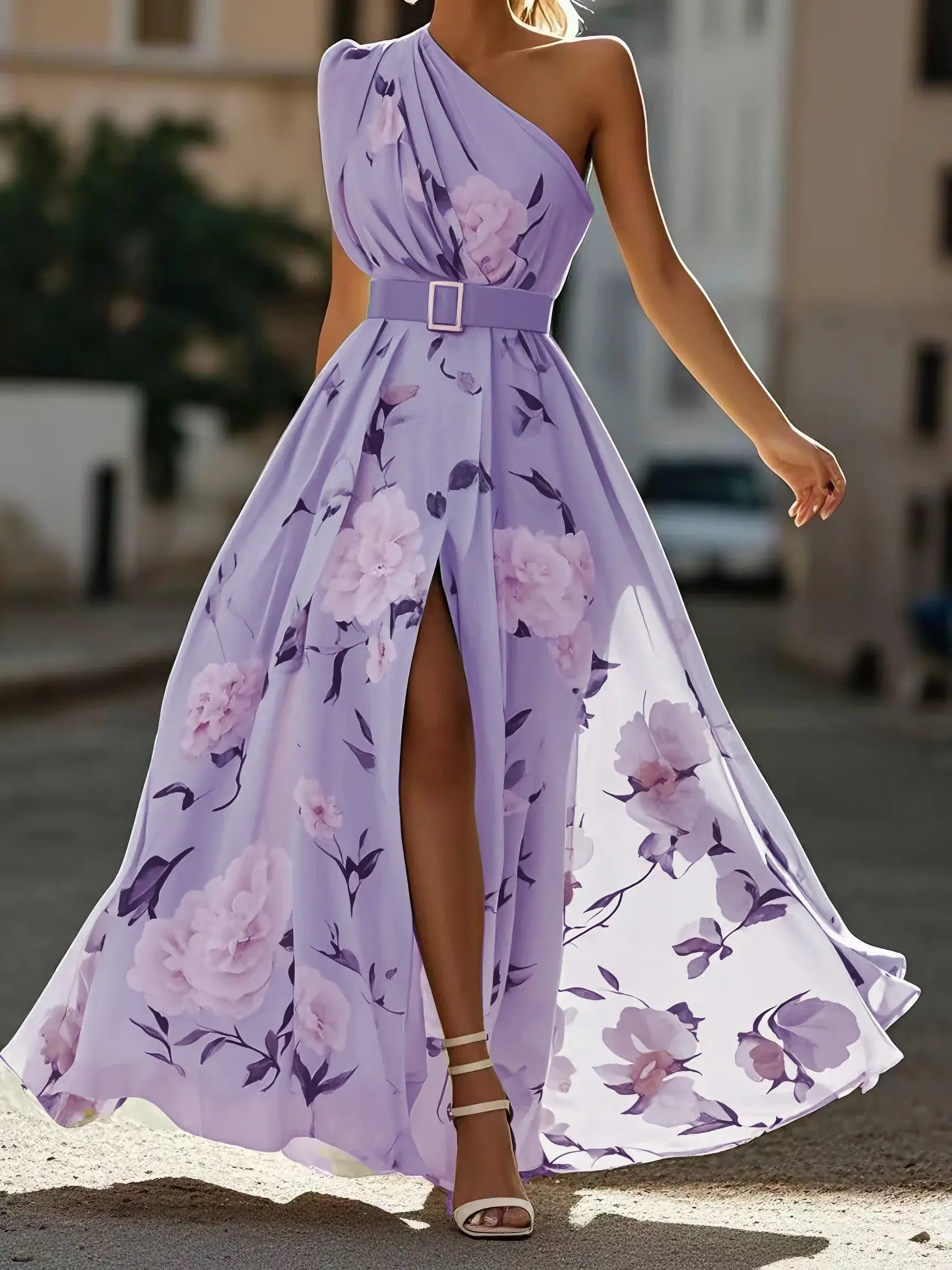 Green Dress Light Floral Ruched One Shoulder A-Line Maxi Romantic Flower Printed Dress Maxi Dress