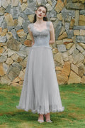 Grey Dress Light A-line Corset Waist Ankle Length Maxi Dress Sleeveless Elegant Pleated Backless Prom Dress