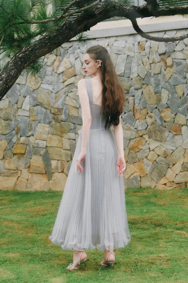 Grey Dress Light A-line Corset Waist Ankle Length Maxi Dress Sleeveless Elegant Pleated Backless Prom Dress