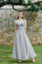 Grey Dress Light A-line Corset Waist Ankle Length Maxi Dress Sleeveless Elegant Pleated Backless Prom Dress