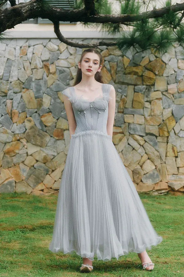 Grey Dress Light A-line Corset Waist Ankle Length Maxi Dress Sleeveless Elegant Pleated Backless Prom Dress