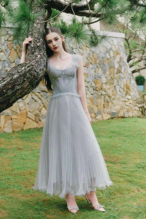 Grey Dress Light A-line Corset Waist Ankle Length Maxi Dress Sleeveless Elegant Pleated Backless Prom Dress