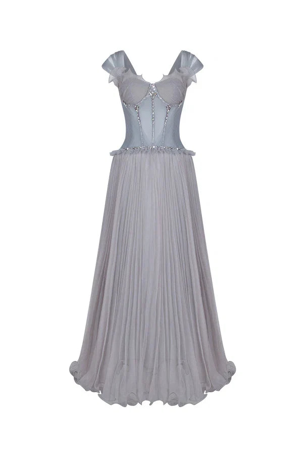 Grey Dress Light A-line Corset Waist Ankle Length Maxi Dress Sleeveless Elegant Pleated Backless Prom Dress