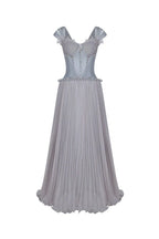 Grey Dress Light A-line Corset Waist Ankle Length Maxi Dress Sleeveless Elegant Pleated Backless Prom Dress