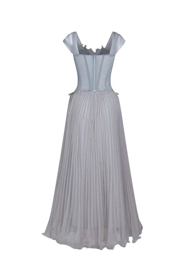Grey Dress Light A-line Corset Waist Ankle Length Maxi Dress Sleeveless Elegant Pleated Backless Prom Dress