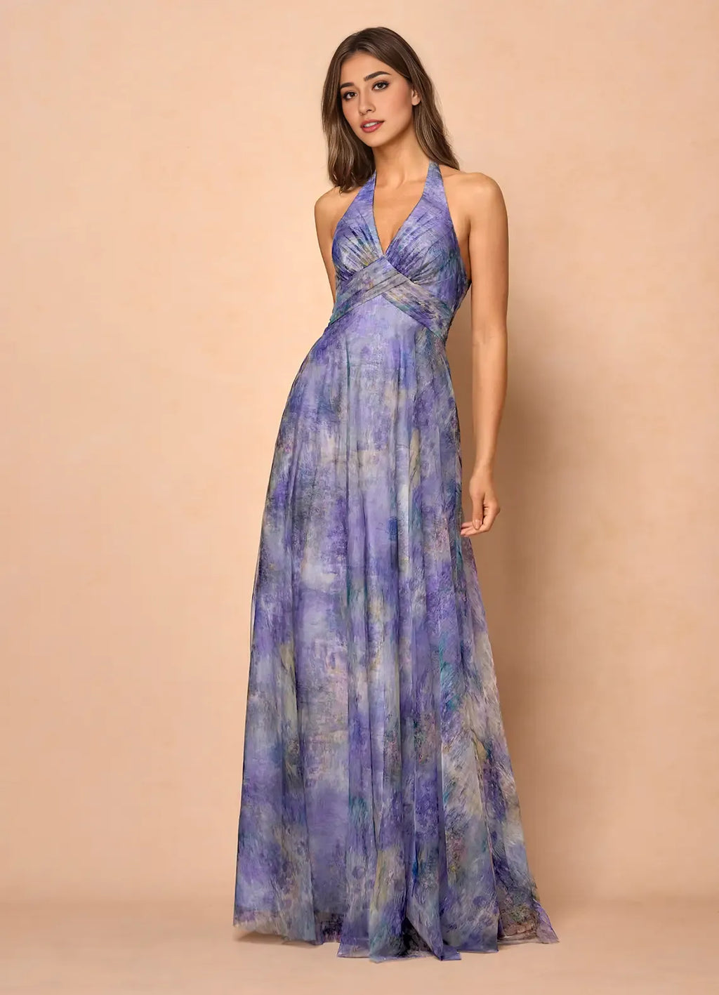 Lilac Dress Halter V Neck Elegant Maxi Dress Prom Dress Sleeveless Backless Flower Printed A-Line Evening Dress