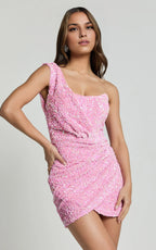 Pink Dress Luxury One Shoulder Faux Wrap Mini Dress A-Line Sleeveless Backless Homecoming Dress
