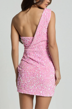 Pink Dress Luxury One Shoulder Faux Wrap Mini Dress A-Line Sleeveless Backless Homecoming Dress