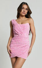 Pink Dress Luxury One Shoulder Faux Wrap Mini Dress A-Line Sleeveless Backless Homecoming Dress