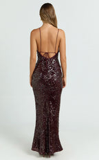 Wine Dress Luxury Plunge Neck Sheer Slip Maxi Dress Sheath Column Sleeveless Backless Evening Dress