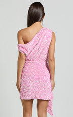 Pink Dress Luxury Drape One Shoulder Mini Dress A-Line Sleeveless Backless Cold Shoulder Homecoming Dress