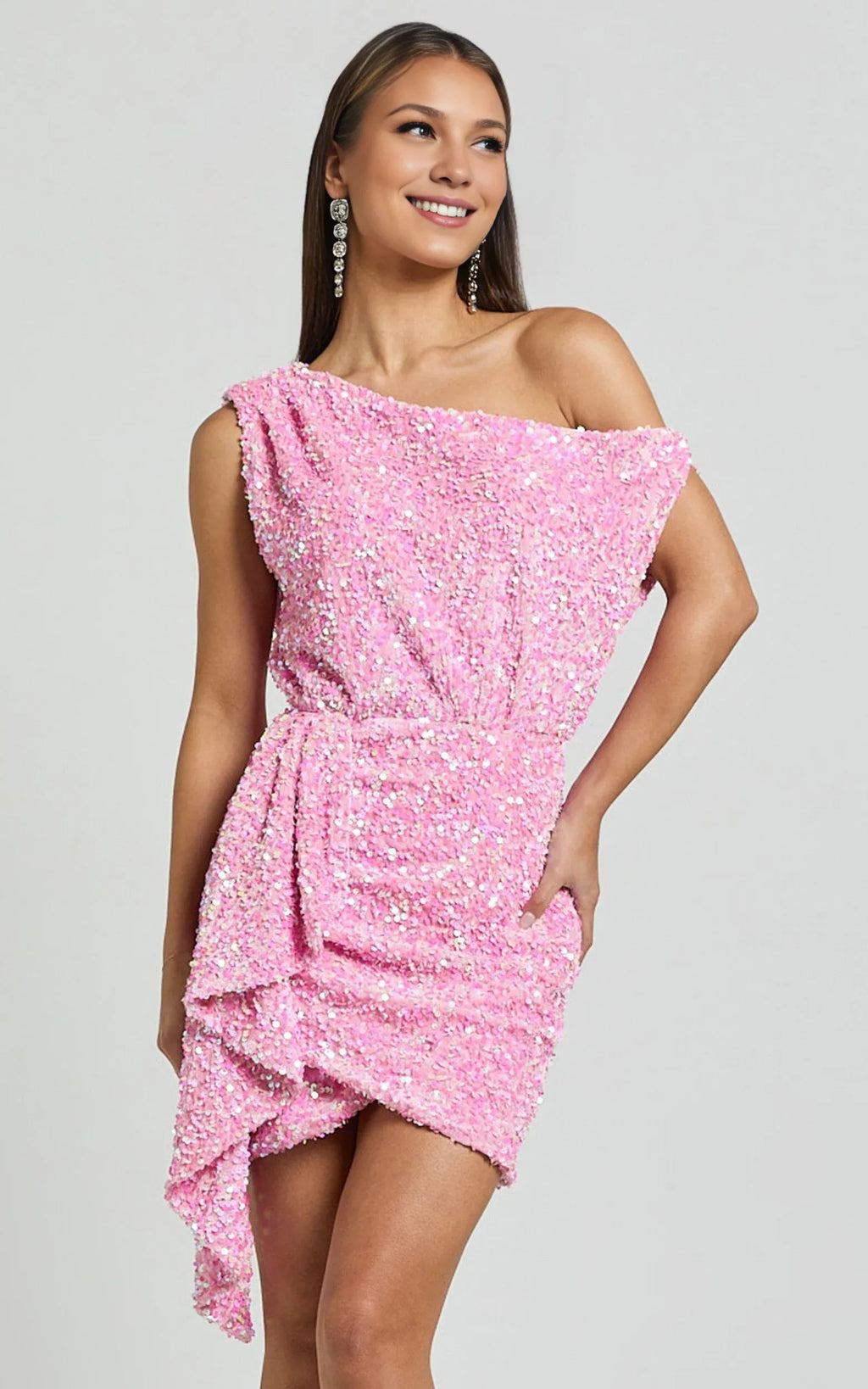 Pink Dress Luxury Drape One Shoulder Mini Dress A-Line Sleeveless Backless Cold Shoulder Homecoming Dress