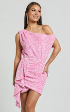 Pink Dress Luxury Drape One Shoulder Mini Dress A-Line Sleeveless Backless Cold Shoulder Homecoming Dress