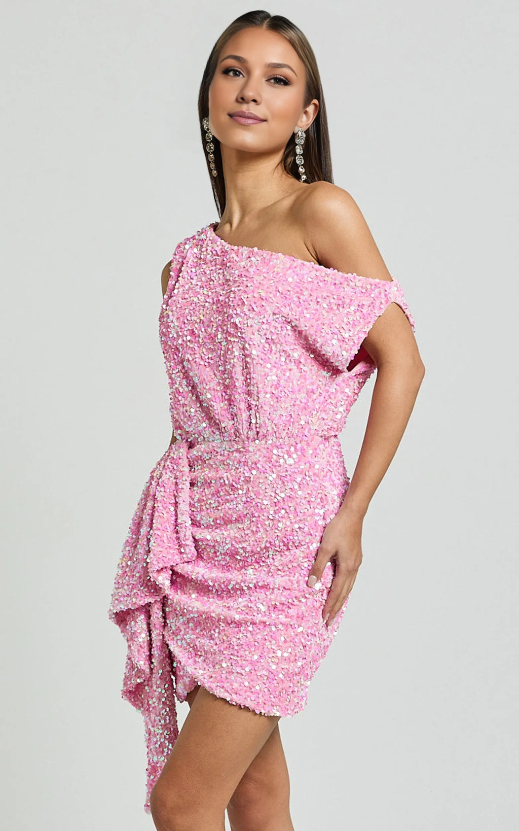 Pink Dress Luxury Drape One Shoulder Mini Dress A-Line Sleeveless Backless Cold Shoulder Homecoming Dress