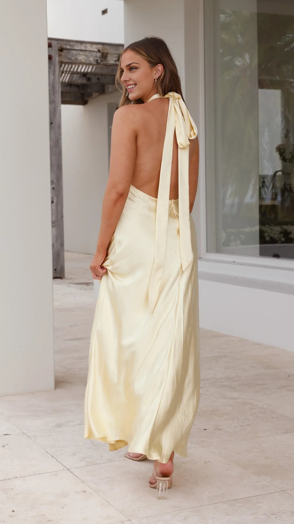 Lilac Dress Minimalist Halter Neck Maxi Dress Mermaid Sleeveless Solid Color Sheath Low Open Back Prom Dress