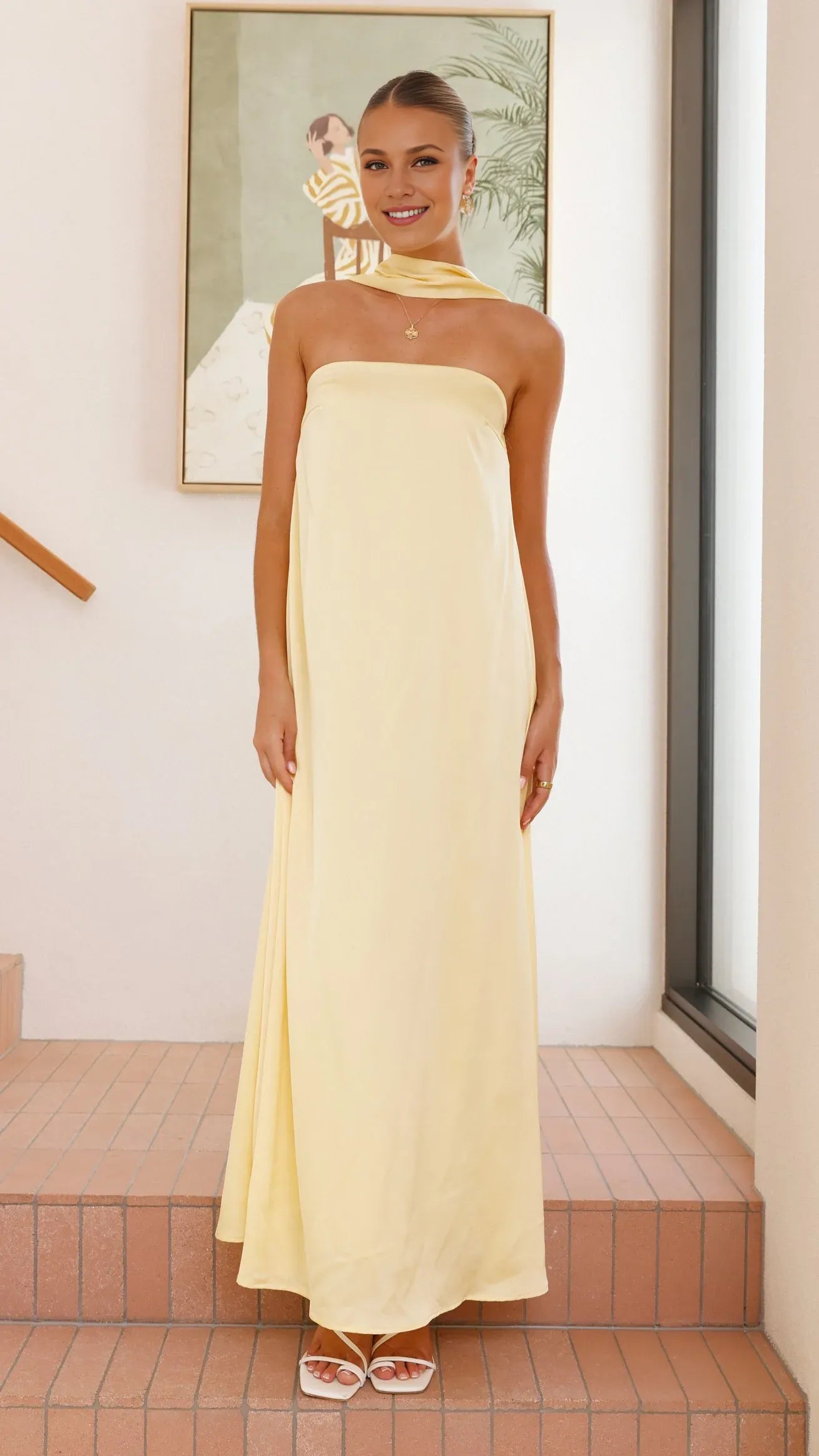 Yellow Dress Minimalist Strapless Scarf Maxi Dress Straight Tube Sleeveless Solid Color Prom Dress