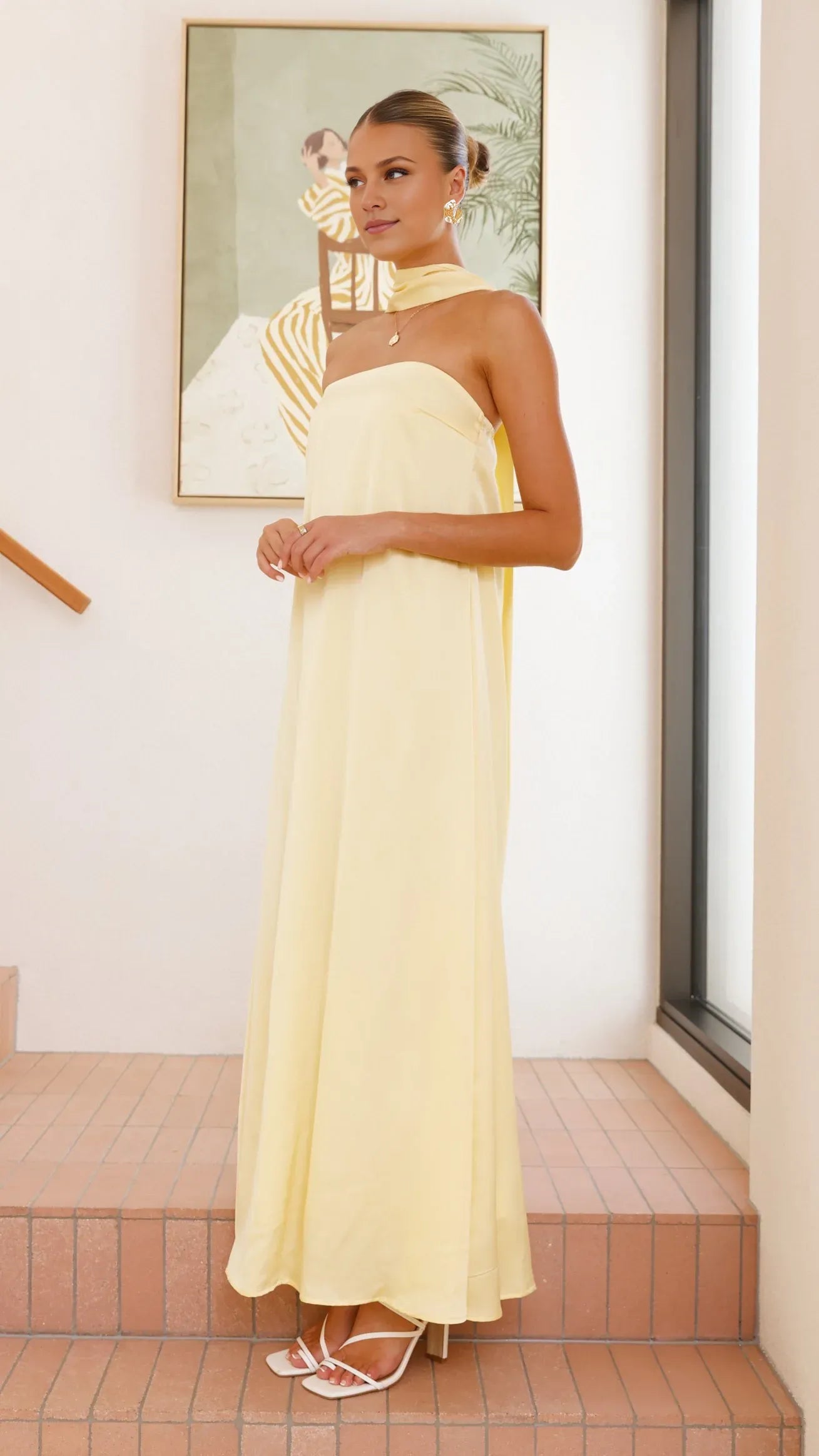 Yellow Dress Minimalist Strapless Scarf Maxi Dress Straight Tube Sleeveless Solid Color Prom Dress