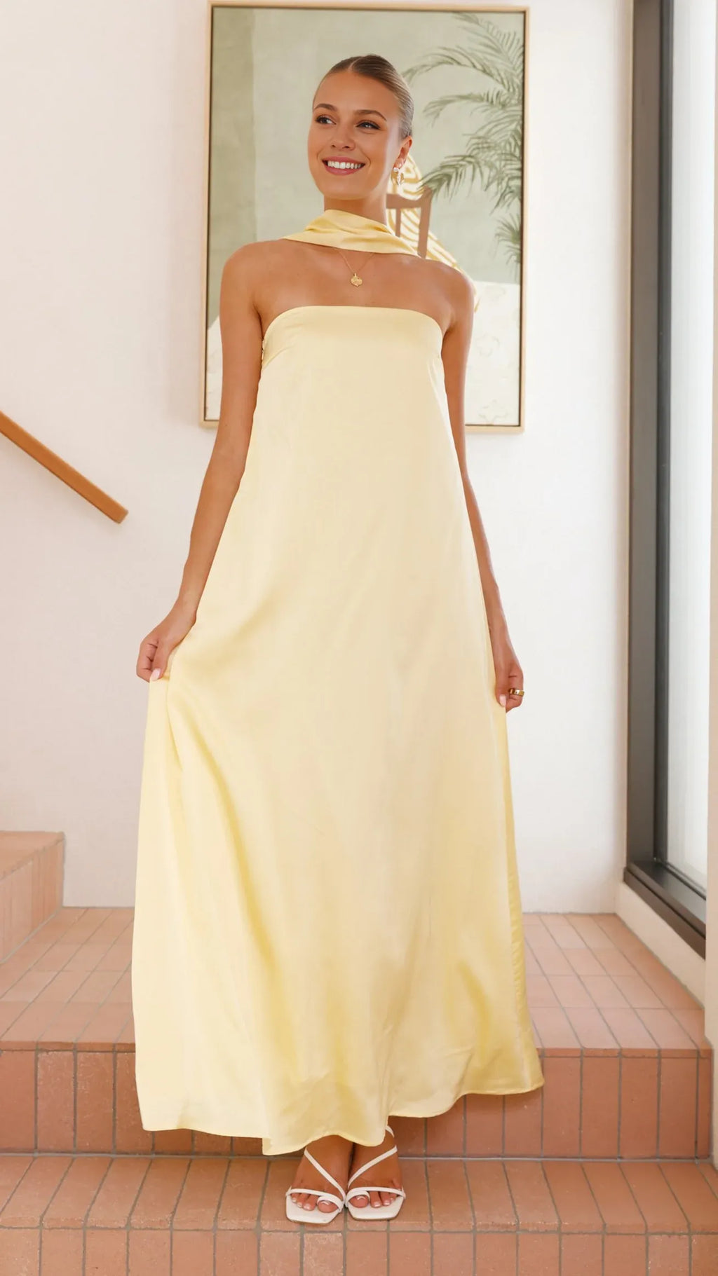 Yellow Dress Minimalist Strapless Scarf Maxi Dress Straight Tube Sleeveless Solid Color Prom Dress