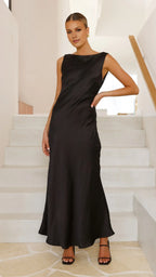 Black Dress Modern Boat Neck Maxi Dress Mermaid Sleeveless Solid Color Sheath Low Open Back Prom Dress