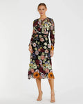 Dress Multicolor Floral Embroidered A-Line Midi Dress Evening Dress Long Sleeves Illusion High Neck Prom Dress