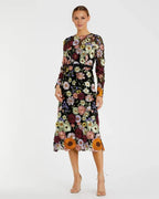 Dress Multicolor Floral Embroidered A-Line Midi Dress Evening Dress Long Sleeves Illusion High Neck Prom Dress