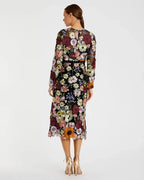 Dress Multicolor Floral Embroidered A-Line Midi Dress Evening Dress Long Sleeves Illusion High Neck Prom Dress