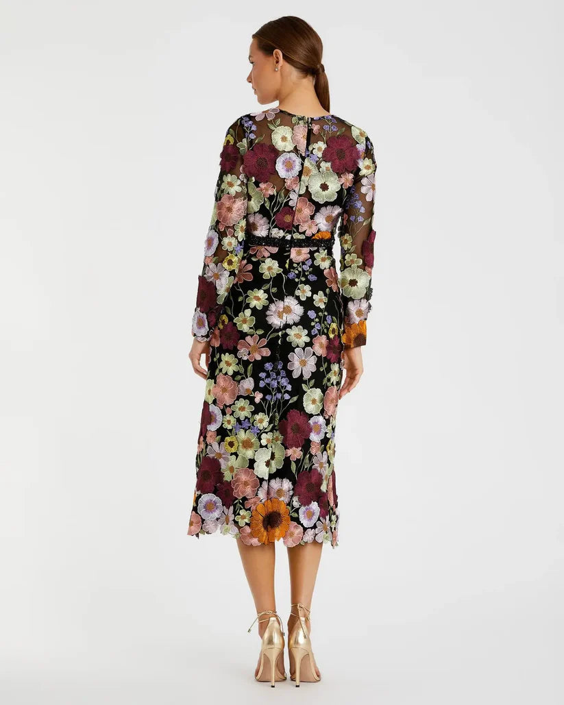 Dress Multicolor Floral Embroidered A-Line Midi Dress Evening Dress Long Sleeves Illusion High Neck Prom Dress
