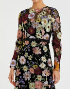 Dress Multicolor Floral Embroidered A-Line Midi Dress Evening Dress Long Sleeves Illusion High Neck Prom Dress