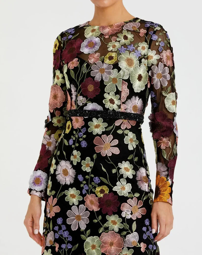 Dress Multicolor Floral Embroidered A-Line Midi Dress Evening Dress Long Sleeves Illusion High Neck Prom Dress