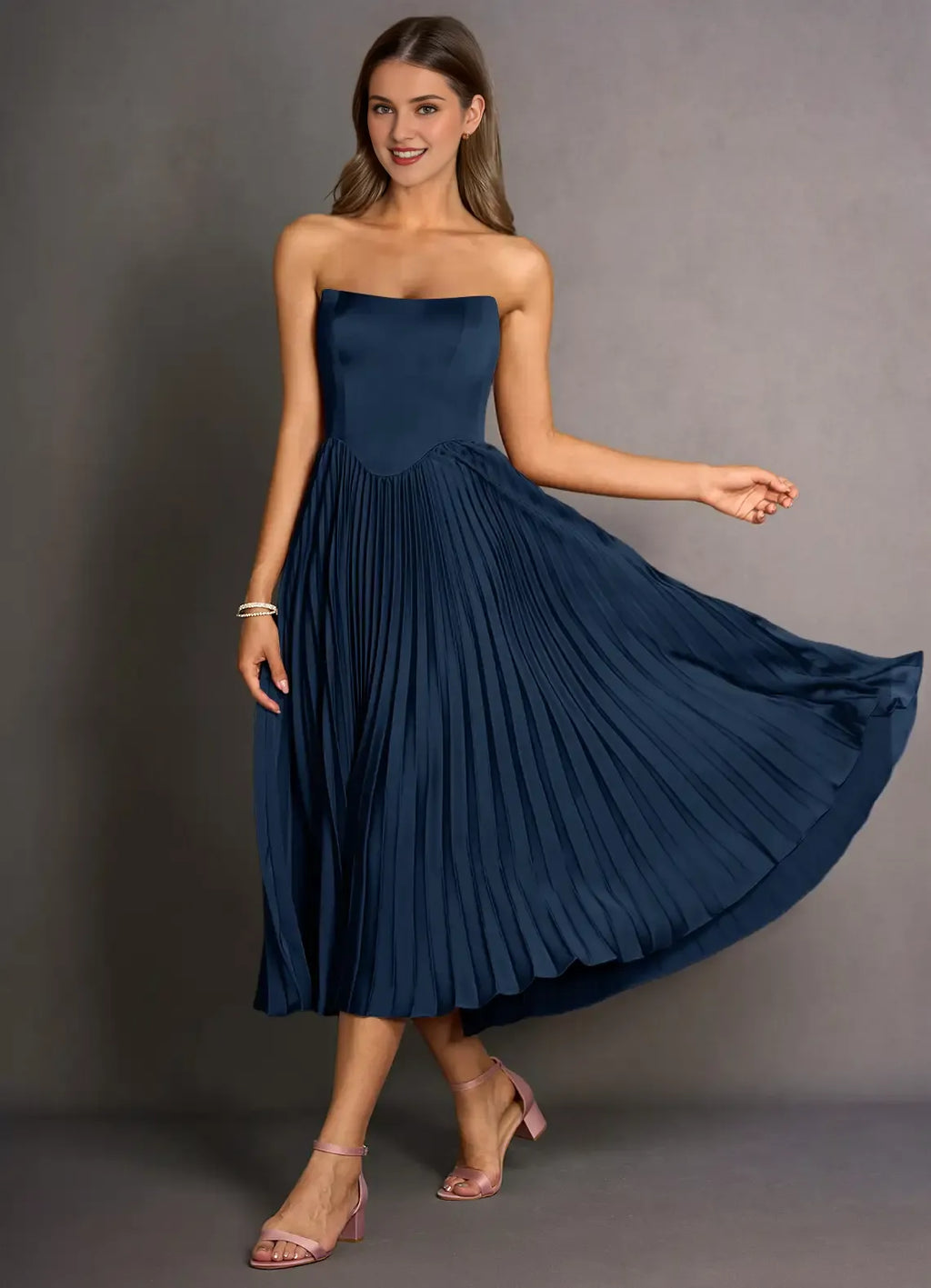 Navy Dress Strapless Simple Pleats Maxi Dress Sleeveless Solid Color Up Tea-Length Backless Prom Dress