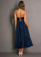Navy Dress Strapless Simple Pleats Maxi Dress Sleeveless Solid Color Up Tea-Length Backless Prom Dress