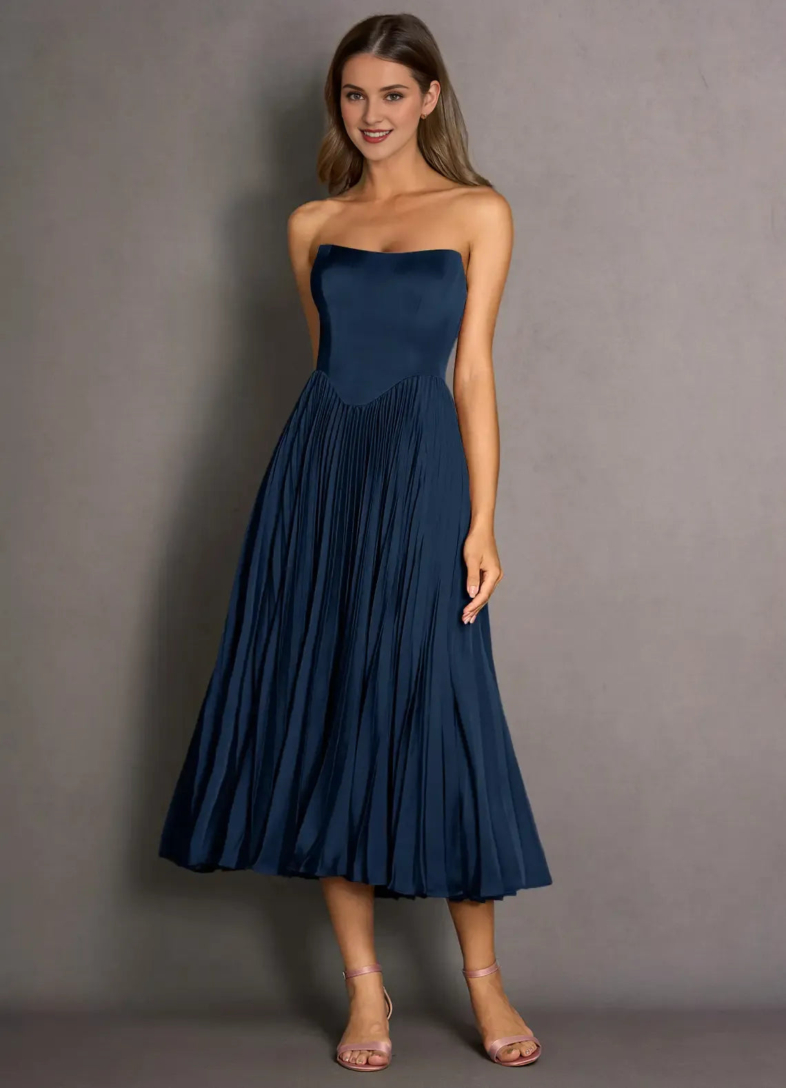Navy Dress Strapless Simple Pleats Maxi Dress Sleeveless Solid Color Up Tea-Length Backless Prom Dress