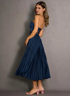 Navy Dress Strapless Simple Pleats Maxi Dress Sleeveless Solid Color Up Tea-Length Backless Prom Dress