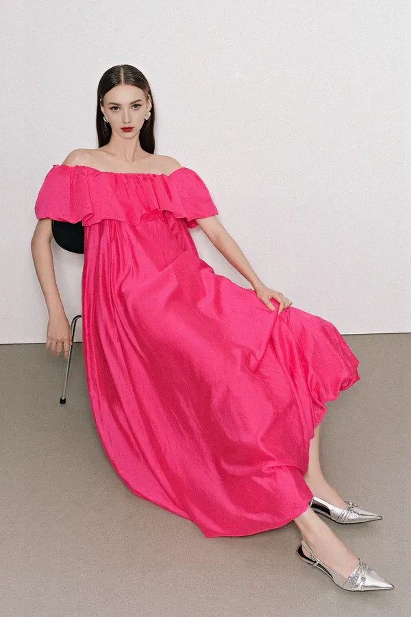 Dress Off-the-Shoulder Pleated Floor Length Maxi Dress Sleeveless Elegant A-line Backless Prom Dress