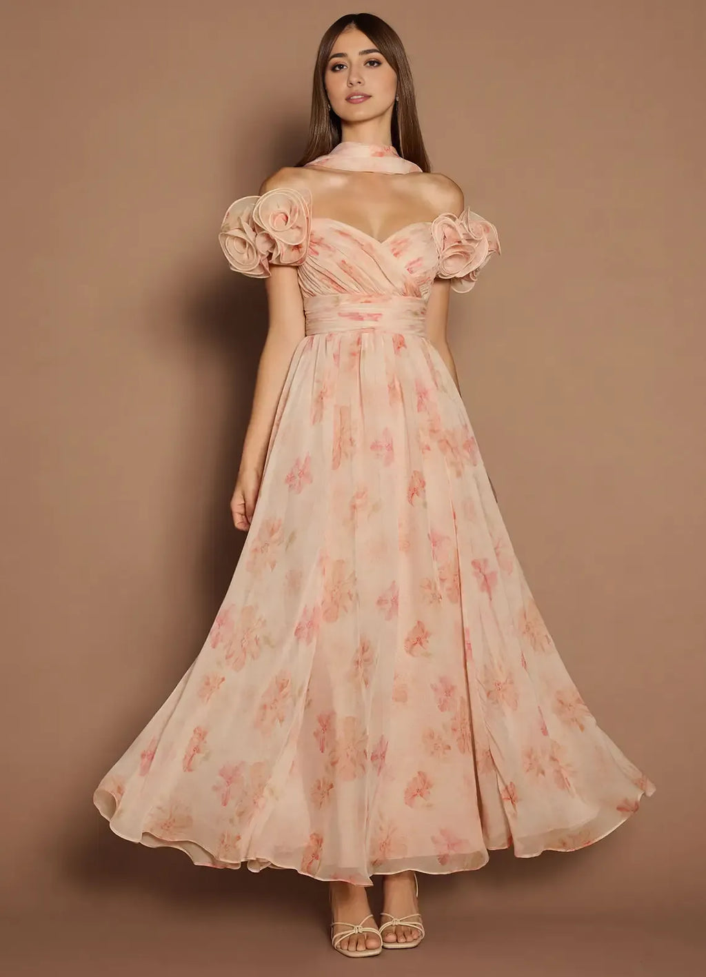 Dress Off-the-Shoulder Sweetheart Elegant Maxi Dress Prom Dress Romantic Printed A-Line Evening Dress With Scarf