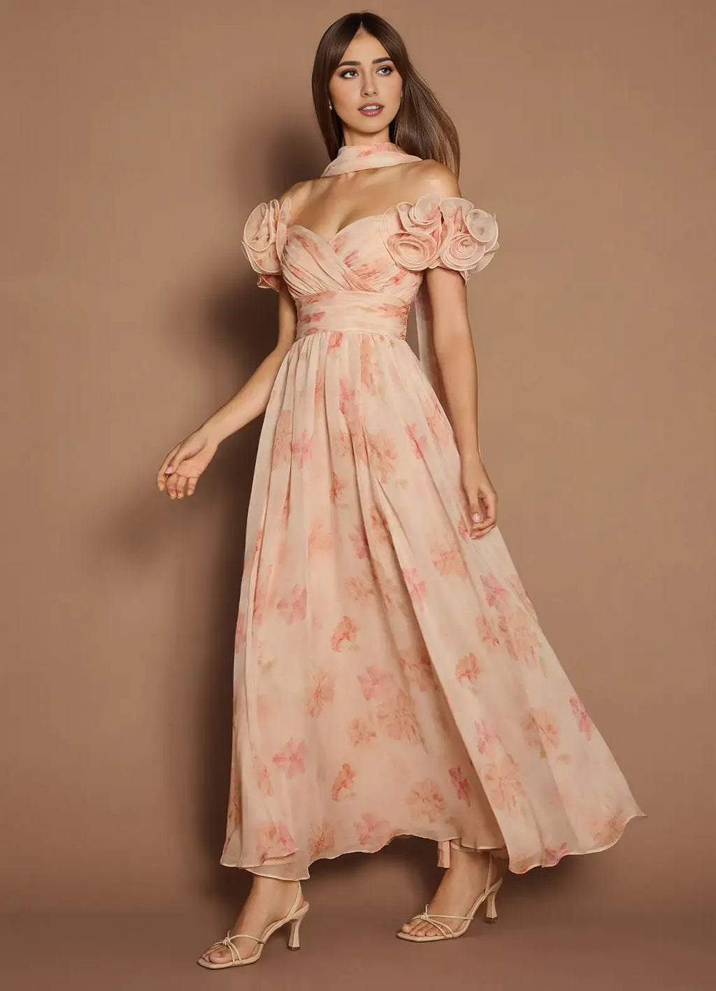 Dress Off-the-Shoulder Sweetheart Elegant Maxi Dress Prom Dress Romantic Printed A-Line Evening Dress With Scarf