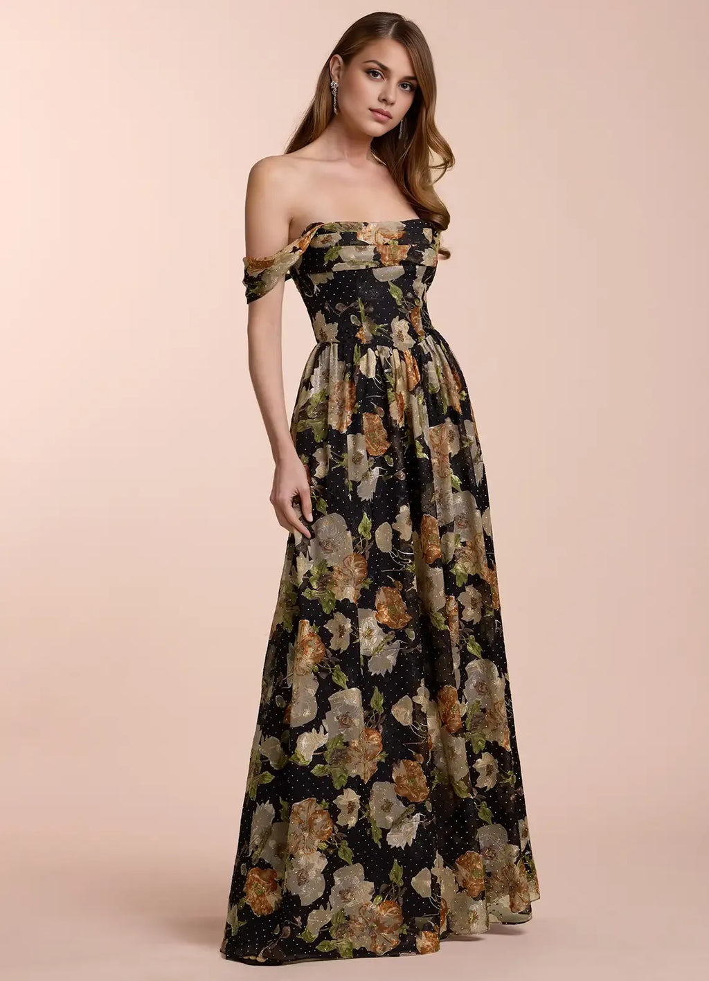 Dress Off the Shoulder Sleeveless Romantic Flower Printed Evening Dress Floor Length Up Prom Dress