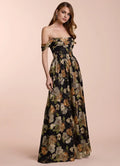 Dress Off the Shoulder Sleeveless Romantic Flower Printed Evening Dress Floor Length Up Prom Dress