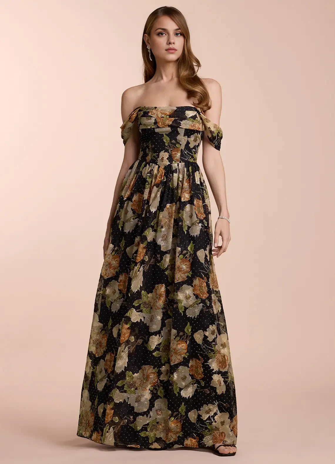 Dress Off the Shoulder Sleeveless Romantic Flower Printed Evening Dress Floor Length Up Prom Dress