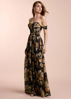 Dress Off the Shoulder Sleeveless Romantic Flower Printed Evening Dress Floor Length Up Prom Dress