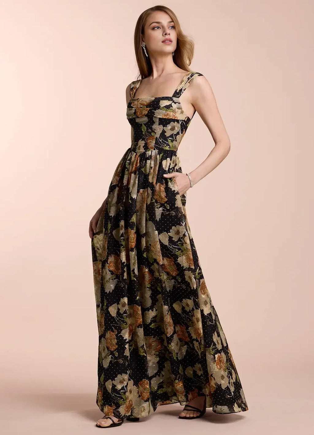 Dress Off the Shoulder Sleeveless Romantic Flower Printed Evening Dress Floor Length Up Prom Dress