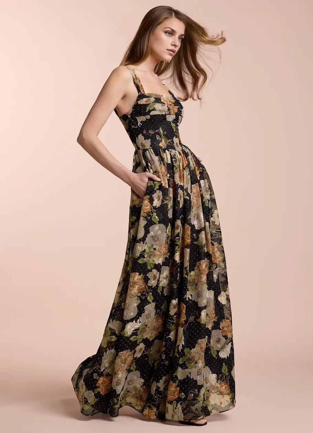 Dress Off the Shoulder Sleeveless Romantic Flower Printed Evening Dress Floor Length Up Prom Dress