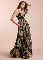 Dress Off the Shoulder Sleeveless Romantic Flower Printed Evening Dress Floor Length Up Prom Dress