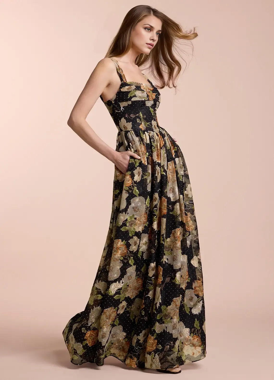 Dress Off the Shoulder Sleeveless Romantic Flower Printed Evening Dress Floor Length Up Prom Dress