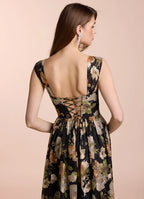 Dress Off the Shoulder Sleeveless Romantic Flower Printed Evening Dress Floor Length Up Prom Dress