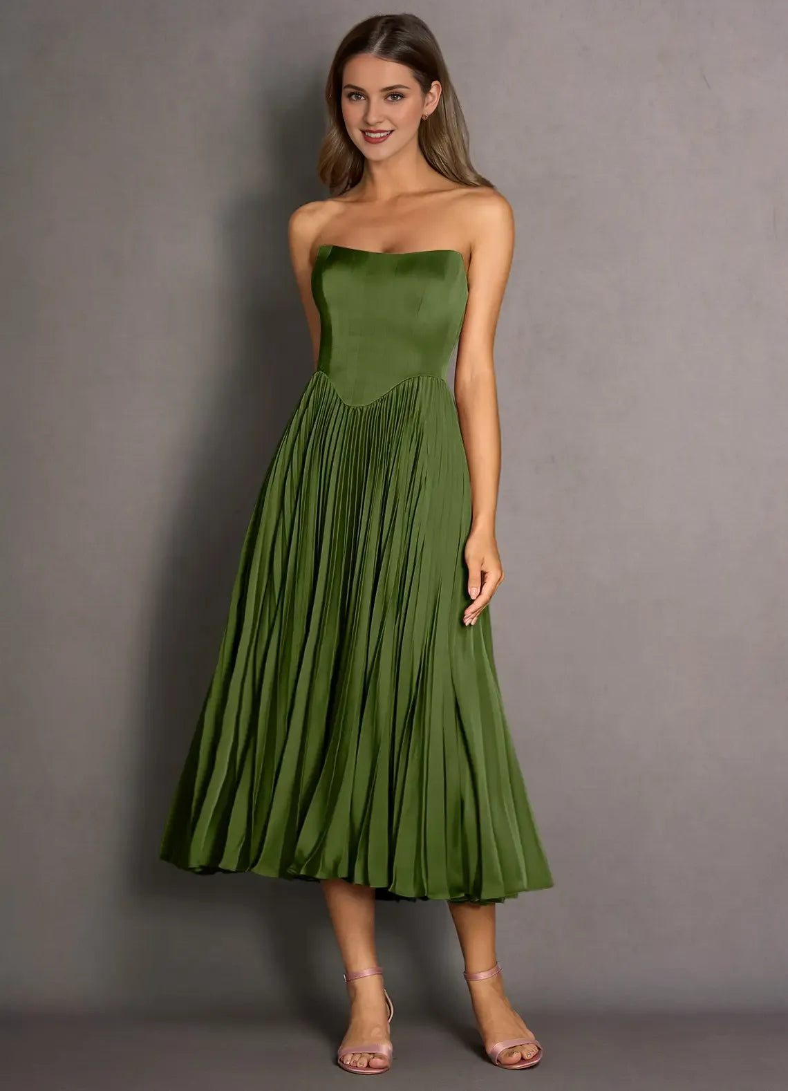 Navy Dress Strapless Simple Pleats Maxi Dress Sleeveless Solid Color Up Tea-Length Backless Prom Dress