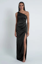 Dress One Shoulder Asymmetrical Pleating Evening Dress Bridesmaid Dress Floor-Length Sheath Slit Open Back Prom Dress