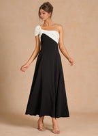 Dress One Shoulder Elegant Tea-Length Prom Dress Sleeveless Backless Black&White A-Line Evening Dress
